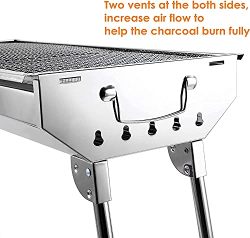 Charcoal Grill, Stainless Steel Camping Grill, Portable BBQ Grill Large Folding Barbecue Grill, Hibachi Grill for Outdoor Picnic, Patio, Garden Backyard & Camping, Suitable for 6 to 13 people