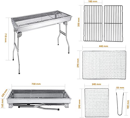 Charcoal Grill, Stainless Steel Camping Grill, Portable BBQ Grill Large Folding Barbecue Grill, Hibachi Grill for Outdoor Picnic, Patio, Garden Backyard & Camping, Suitable for 6 to 13 people