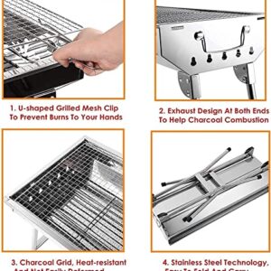 Charcoal Grill, Stainless Steel Camping Grill, Portable BBQ Grill Large Folding Barbecue Grill, Hibachi Grill for Outdoor Picnic, Patio, Garden Backyard & Camping, Suitable for 6 to 13 people