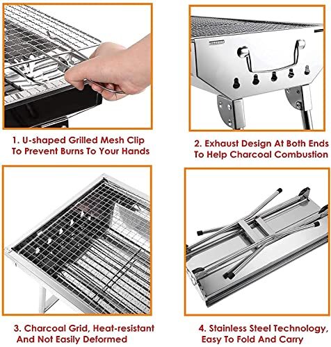 Charcoal Grill, Stainless Steel Camping Grill, Portable BBQ Grill Large Folding Barbecue Grill, Hibachi Grill for Outdoor Picnic, Patio, Garden Backyard & Camping, Suitable for 6 to 13 people