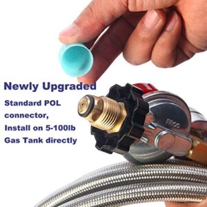 12 Foot High Pressure Adjustable Propane Regulator 0-30 PSI with Gauge 0~60PSI Gas Flow Indicator, Gas Cooker-3/8inch Female Flare Fitting, Stainless Steel Braided Hose and Gas Grill LP Regulator …