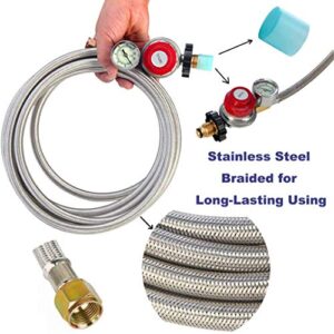 12 Foot High Pressure Adjustable Propane Regulator 0-30 PSI with Gauge 0~60PSI Gas Flow Indicator, Gas Cooker-3/8inch Female Flare Fitting, Stainless Steel Braided Hose and Gas Grill LP Regulator …