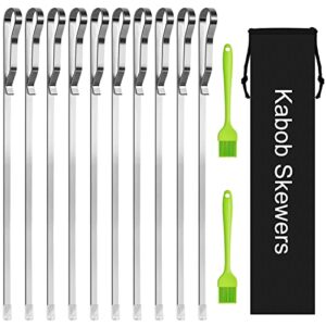 kabob skewers 17″ stainless steel long bbq barbecue skewers, flat metal kebob sticks wide reusable grilling skewers for meat chicken,set of 12 including 2 bonus silicone brush with storage bag