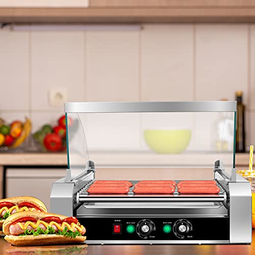 Happygrill Electric Sausage Grill Stainless Steel Hot Dog Roller Grill Cooker, 1650W Sausage Grilling Machine with 11 Rollers for 30 Hotdogs