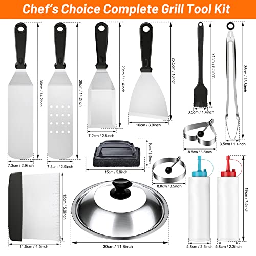 Blackstone Griddle Accessories Kit, 14pcs Flat Top Grill Accessories Set for Blackstone and Camp Chef, Enlarged Spatulas, Basting Cover, Scraper, Tongs, Grill Spatula Kit for Outdoor BBQ