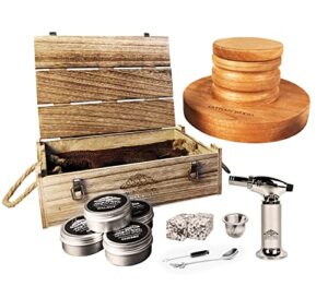 cocktail smoker kit with torch in old fashioned box. 4 kinds of wood chips for your favorite drink. infuse liquor, cocktail, whiskey, bourbon, etc. (butane not included)