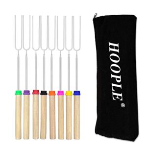hoople 8pc marshmallows roasting sticks – essential camping accessory 32in extendable stainless steel fork, smores kit, smores skewers for fire pit kit, hot dogs & smores sticks.