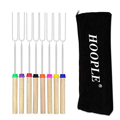 HOOPLE 8PC Marshmallows Roasting Sticks - Essential Camping Accessory 32In Extendable Stainless Steel Fork, Smores Kit, Smores Skewers for Fire Pit Kit, Hot Dogs & Smores Sticks.