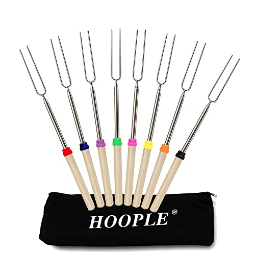 HOOPLE 8PC Marshmallows Roasting Sticks - Essential Camping Accessory 32In Extendable Stainless Steel Fork, Smores Kit, Smores Skewers for Fire Pit Kit, Hot Dogs & Smores Sticks.