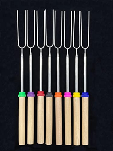 HOOPLE 8PC Marshmallows Roasting Sticks - Essential Camping Accessory 32In Extendable Stainless Steel Fork, Smores Kit, Smores Skewers for Fire Pit Kit, Hot Dogs & Smores Sticks.