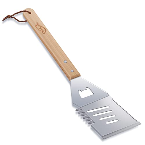 Qinshaine 4-in-1 BBQ Spatula, Multifunction Grill Spatula with Wooden Handle, perfect for BBQ grills and kebabs for camping picnics.