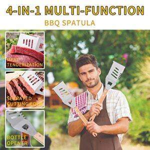 Qinshaine 4-in-1 BBQ Spatula, Multifunction Grill Spatula with Wooden Handle, perfect for BBQ grills and kebabs for camping picnics.