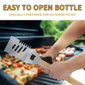 Qinshaine 4-in-1 BBQ Spatula, Multifunction Grill Spatula with Wooden Handle, perfect for BBQ grills and kebabs for camping picnics.