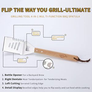 Qinshaine 4-in-1 BBQ Spatula, Multifunction Grill Spatula with Wooden Handle, perfect for BBQ grills and kebabs for camping picnics.