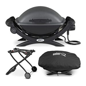 weber q 1400 electric grill (black) with portable cart and grill cover bundle (3 items)