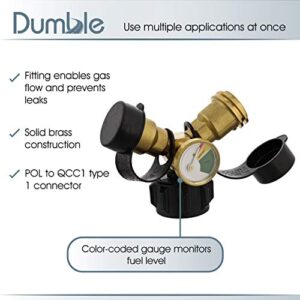 Dumble Propane Tank Adapters LP Gas Line Splitter 2 Way Hose Tee Y Propane Splitter with Gauge - 2 QCC1 Thead and 1 POL