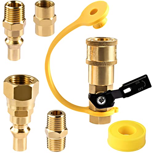 1/4" Propane Quick Connect Fittings, Adapter Shutoff Valve 3/8" Flare x 1/4" NPT Male Pipe Half-Union Fitting, Quick Connect Plug with 4PCS 3/8" Female Flare Assembly Kit for RV, Trailer, BBQ