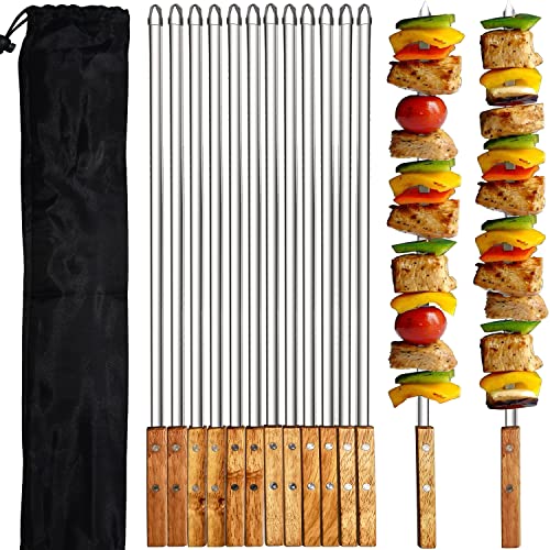 Acroyan 12 Pack Kebab Skewers 23.5 Inch Grill Skewers Stainless Steel BBQ Barbecue Sticks Flat Skewer Heavy Duty Large Wide Reusable with Nonslip Wooden Handle for Kabob Shrimp Chicken Beef Vegetable