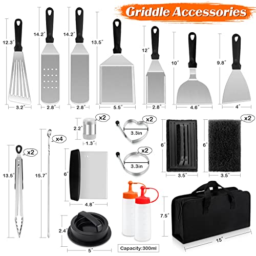 Joyfair Griddle Accessories Kit, 27Pcs Stainless Steel Griddle Accessory Grill Tools Set for Outdoor BBQ Flat Top, Included Metal Spatulas, Scraper, Storage Bag, Heat Resistant & Dishwasher Safe