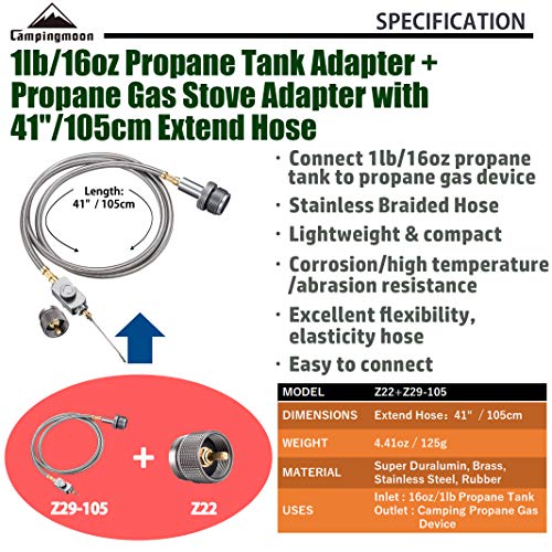 CAMPINGMOON Propane Gas Device Adapter with Extend Hose(41"/105cm), Input: 16oz/1Lb Small Propane Canister, Output: Propane Gas Stove Z22/Z29-105