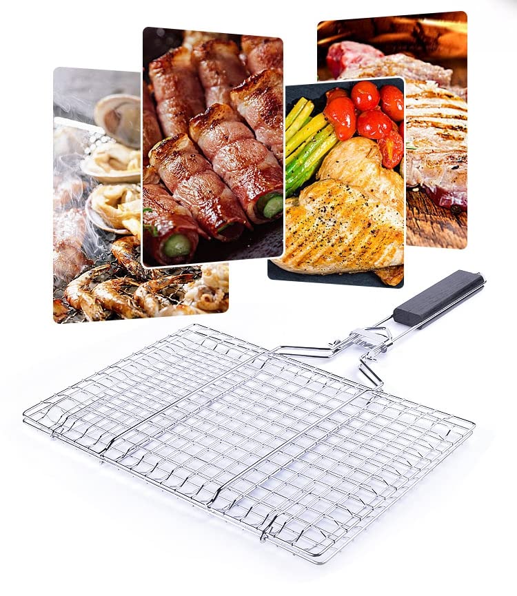 Foldable Grill Basket,Portable Stainless Steel BBQ Barbecue Grilling Basket,With Removable Handle,For Vegetables,Steak,Fish,Shrimpand Whether At Home or OutdoorsBBQ,It Is A Very Practical Barbecue Tool