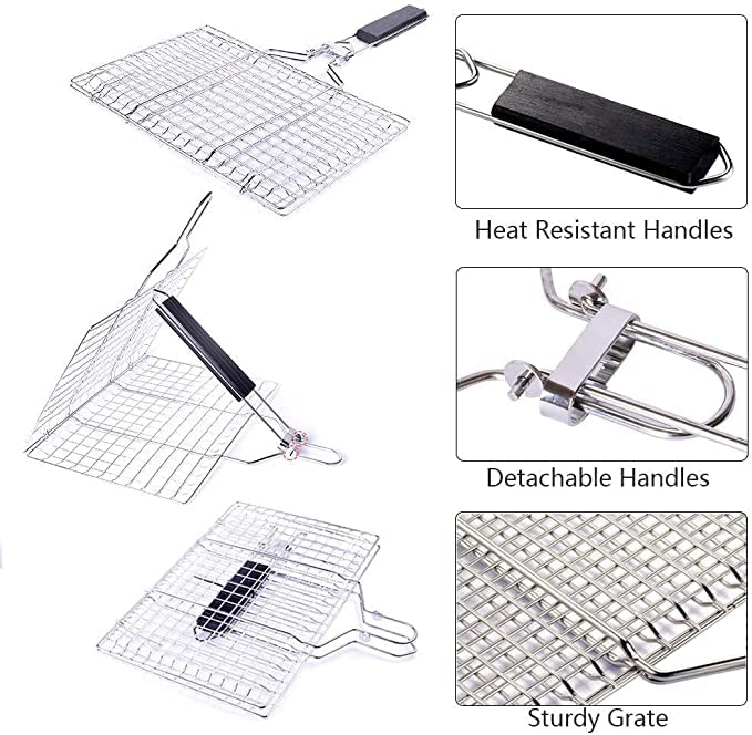 Foldable Grill Basket,Portable Stainless Steel BBQ Barbecue Grilling Basket,With Removable Handle,For Vegetables,Steak,Fish,Shrimpand Whether At Home or OutdoorsBBQ,It Is A Very Practical Barbecue Tool