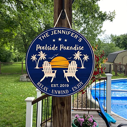 MUCHNEE Personalized Funny Swimming Pool Zone Printed Sign for Backyard Paradise Patio Oasis Waterfront - Relax Unwind Enjoy Round Wood Plaque Indoor Decorations - Gift for Birthday Housewarming