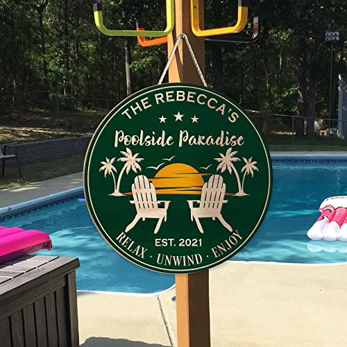 MUCHNEE Personalized Funny Swimming Pool Zone Printed Sign for Backyard Paradise Patio Oasis Waterfront - Relax Unwind Enjoy Round Wood Plaque Indoor Decorations - Gift for Birthday Housewarming