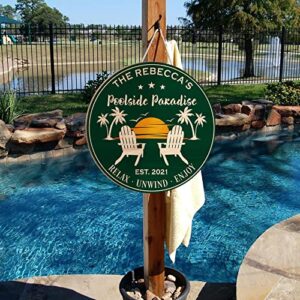 MUCHNEE Personalized Funny Swimming Pool Zone Printed Sign for Backyard Paradise Patio Oasis Waterfront - Relax Unwind Enjoy Round Wood Plaque Indoor Decorations - Gift for Birthday Housewarming