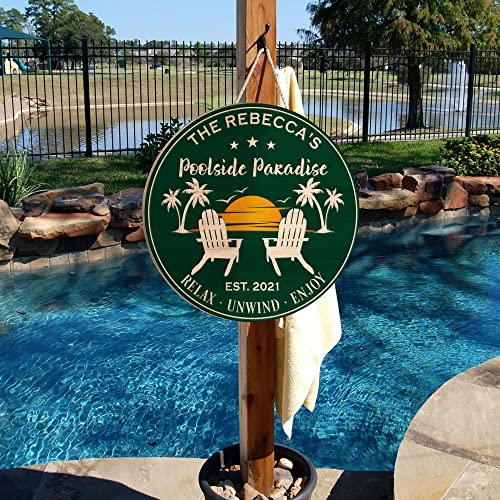 MUCHNEE Personalized Funny Swimming Pool Zone Printed Sign for Backyard Paradise Patio Oasis Waterfront - Relax Unwind Enjoy Round Wood Plaque Indoor Decorations - Gift for Birthday Housewarming