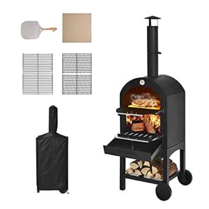 portable wooden outdoor pizza oven, outdoor wooden pizza oven, large pizza oven with 4 steel pizza grills, 2 removable wheels, 12 inch pizza stone, ideal for barbecue camping backyard parties