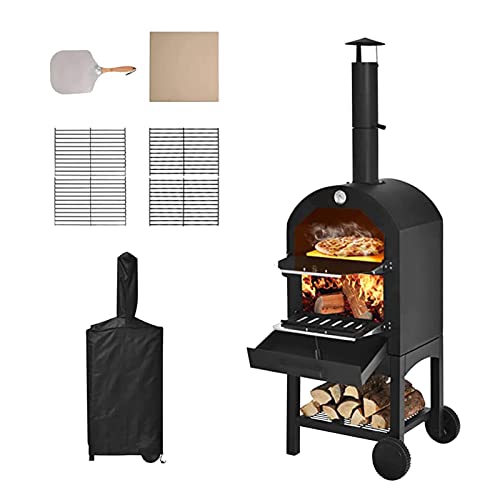 Portable Wooden Outdoor Pizza Oven, Outdoor Wooden Pizza Oven, Large Pizza Oven With 4 Steel Pizza Grills, 2 Removable Wheels, 12 Inch Pizza Stone, Ideal For Barbecue Camping Backyard Parties