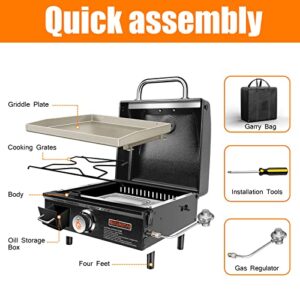 QuliMetal Portable Griddle Flat Top Grill 17 Inch Table Top Grill with Hood Propane Grill with Carry Bag Outdoor Griddle Camping Griddle 15,000 BTU Burner 268 Sq 304 Stainless Steel for Party Tailgating Black