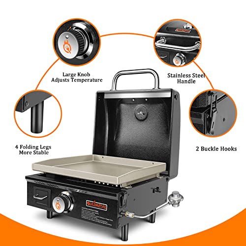 QuliMetal Portable Griddle Flat Top Grill 17 Inch Table Top Grill with Hood Propane Grill with Carry Bag Outdoor Griddle Camping Griddle 15,000 BTU Burner 268 Sq 304 Stainless Steel for Party Tailgating Black