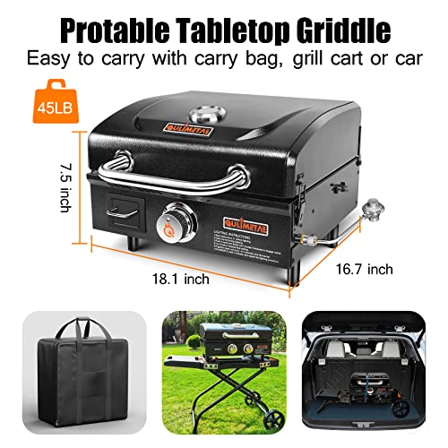 QuliMetal Portable Griddle Flat Top Grill 17 Inch Table Top Grill with Hood Propane Grill with Carry Bag Outdoor Griddle Camping Griddle 15,000 BTU Burner 268 Sq 304 Stainless Steel for Party Tailgating Black