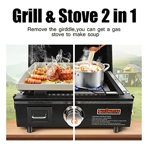 QuliMetal Portable Griddle Flat Top Grill 17 Inch Table Top Grill with Hood Propane Grill with Carry Bag Outdoor Griddle Camping Griddle 15,000 BTU Burner 268 Sq 304 Stainless Steel for Party Tailgating Black