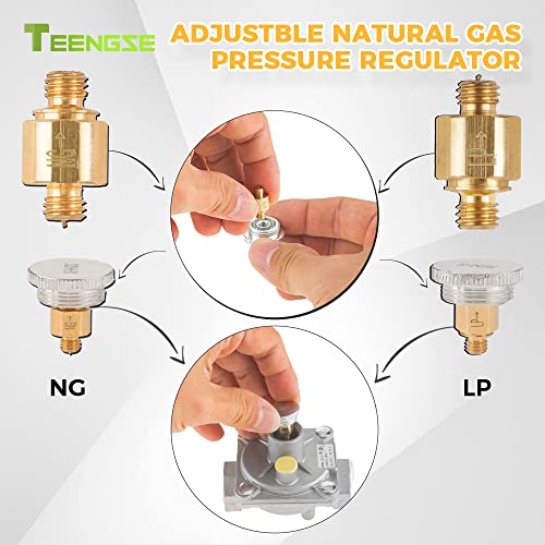 TEENGSE 1/2" Natural Gas and Liquefied Interchange Pressure Regulator, Natural Gas Pressure Regulator with 2 Brass 1/2" NPT conversion adapter for NG/LPG Applications