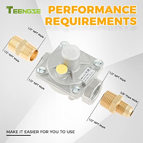 TEENGSE 1/2" Natural Gas and Liquefied Interchange Pressure Regulator, Natural Gas Pressure Regulator with 2 Brass 1/2" NPT conversion adapter for NG/LPG Applications