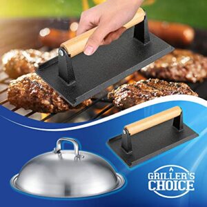 Grillers Choice Griddle Accessories, Flat Top Grill Accessories.Commercial Quality Cast Iron Grill Press and Melting Dome. Griddle Grill Dome for Cooking and Griddle Cheese Press.