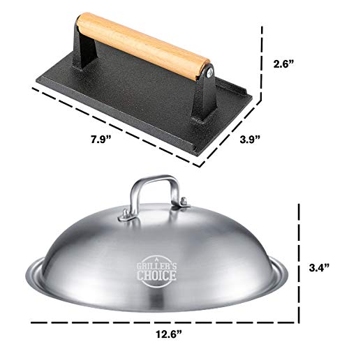 Grillers Choice Griddle Accessories, Flat Top Grill Accessories.Commercial Quality Cast Iron Grill Press and Melting Dome. Griddle Grill Dome for Cooking and Griddle Cheese Press.