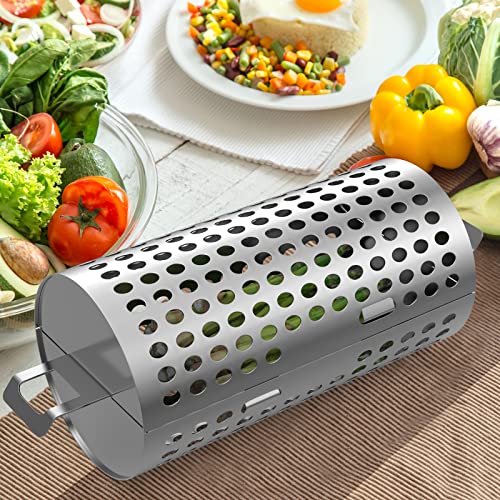 KEESHA BBQ Roller Grill Basket Vegetables & Fish Grill Basket - BBQ Grill Cooking Accessories for Outdoor Grill for Smokers / Pellet Grills / Charcoal Grills / Gas Grills - Perfect Grilling Gifts for Men, Stainless Steel