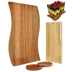 skewer holder – chic food display stands for party – ash wood pick board for parties, events, bbqs – food skewers board with 2 ash bowls and 100pcs skewers – 11.4 x 7.5 x 0.8-inch