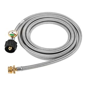 lemfema 15 ft propane adapter hose with gauge, 1 lb to 20 lb stainless braided hose for qcc1/type1 tank connects, compatible with coleman camp stove, buddy heater and more 1lb portable appliance
