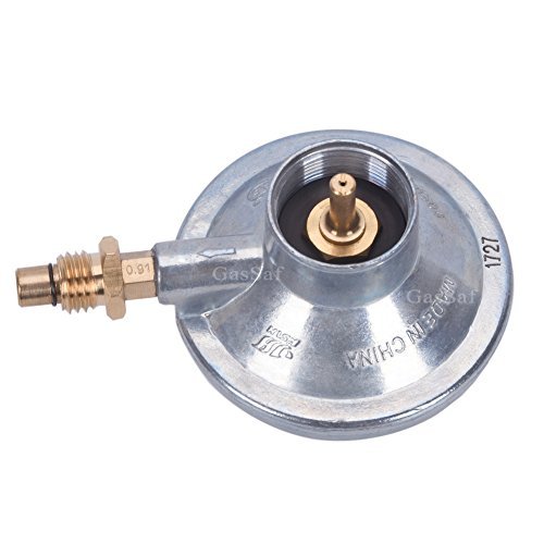 GasSaf Propane Gas Grill Control Valve Table Top Regulator with a 1"-20 Female Throwaway Cylinder Thread Inlet and an Orifice Outlet.