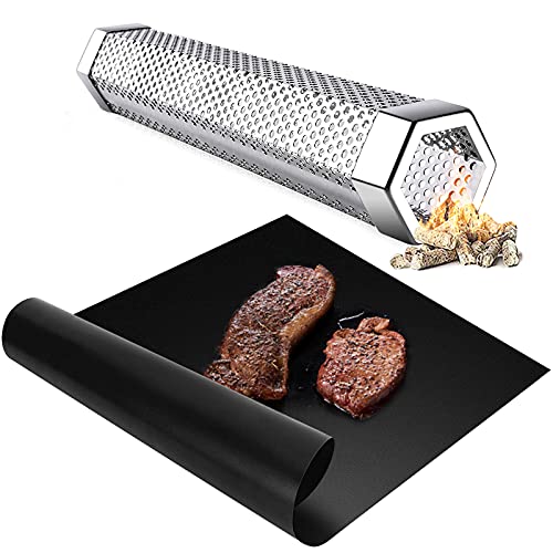 YiiMO Smoke Tube for Pellets, 12'' Pellet Smoker, plus Fiberglass BBQ Grill Mat Heat Resistant