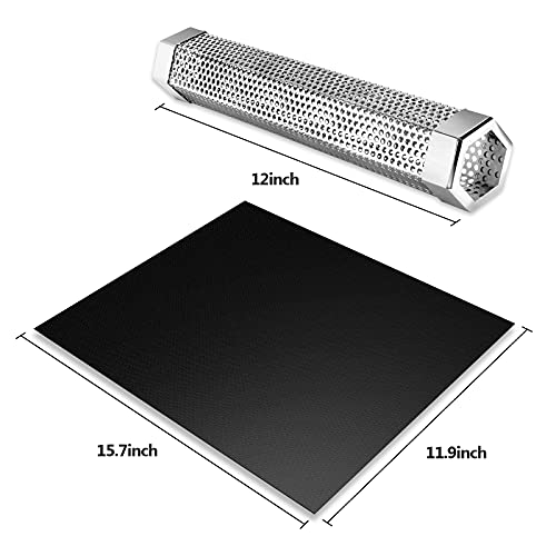 YiiMO Smoke Tube for Pellets, 12'' Pellet Smoker, plus Fiberglass BBQ Grill Mat Heat Resistant