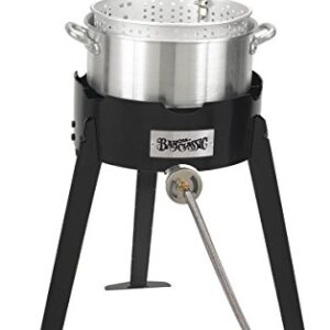 Bayou Classic 2212 Aluminum Fish Cooker Features 10-qt Aluminum Fry Pot w/ Basket 5-in Stainless Thermometer 4-in Cast Aluminum Burner 19-in Tall Steel Frame 5-psi Regulator w/ 29-in Stainless Hose