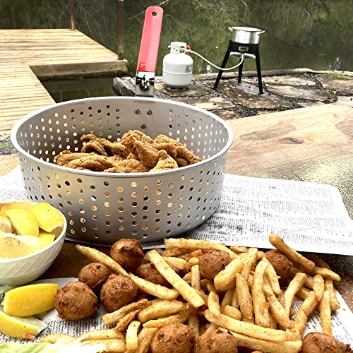 Bayou Classic 2212 Aluminum Fish Cooker Features 10-qt Aluminum Fry Pot w/ Basket 5-in Stainless Thermometer 4-in Cast Aluminum Burner 19-in Tall Steel Frame 5-psi Regulator w/ 29-in Stainless Hose