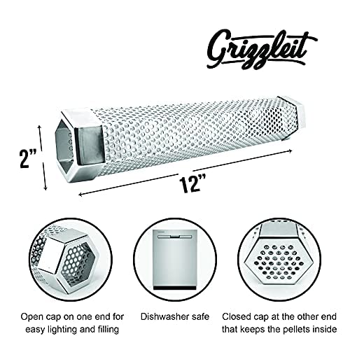 GrizzleIt Pellet Smoker Tube - 12 inches 304 Stainless Steel Smoke Tube for Hot or Cold Smoking - 5 hours of billowing Smoke - Includes 2 S-Shaped Hooks, Silicon Buttering & Cleaning Brush