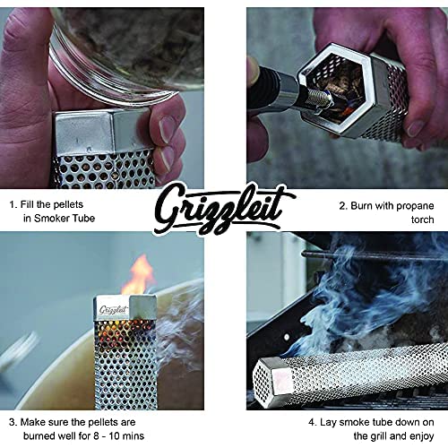 GrizzleIt Pellet Smoker Tube - 12 inches 304 Stainless Steel Smoke Tube for Hot or Cold Smoking - 5 hours of billowing Smoke - Includes 2 S-Shaped Hooks, Silicon Buttering & Cleaning Brush